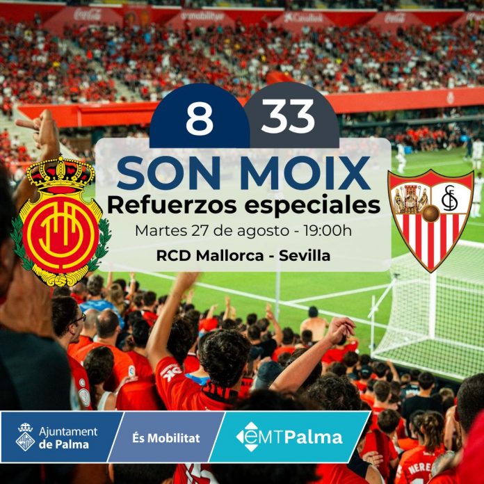 La EMT Palma refuerza sus servicios de autobuses para el partido entre el RCD Mallorca y el Sevilla